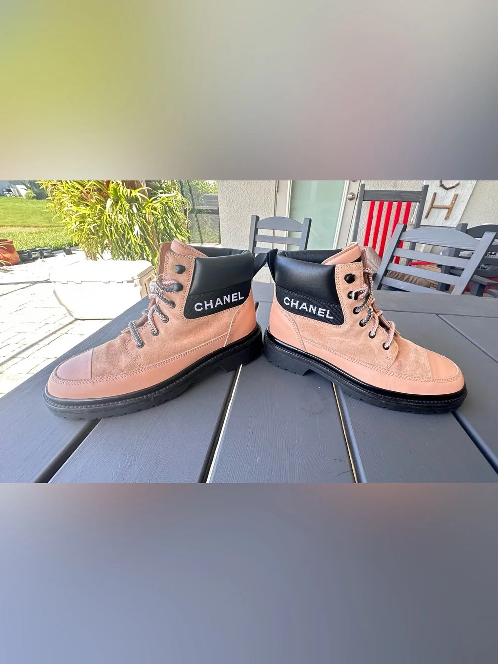 Chanel Pink suede and leather lace-up combat boots  Cc Logo. US Sz 8- 8.5 EU 39